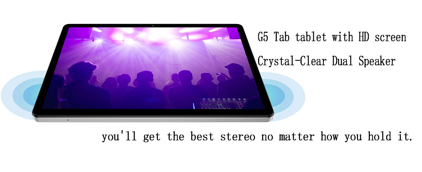 Tablet with HD screen and dual speakers. Text highlights crystal-clear audio and versatile viewing angles for optimal stereo sound experience.