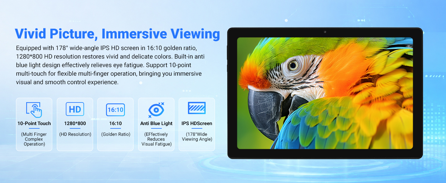 Text reads 'Vivid Picture, Immersive Vision' with partial specifications visible. Flat-screen display showing colorful parrot image against blue background.