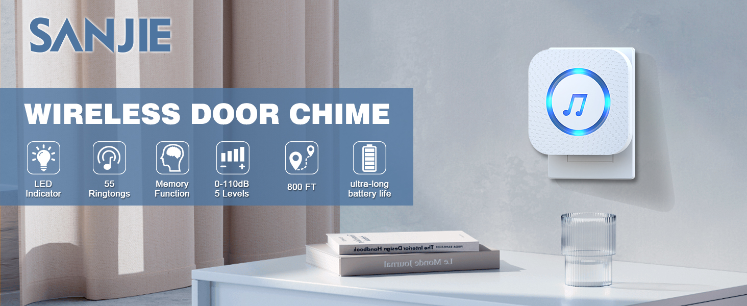 SANJE wireless door chime system with receiver unit and transmitter button. Features include long range, adjustable volume, and multiple ringtones.