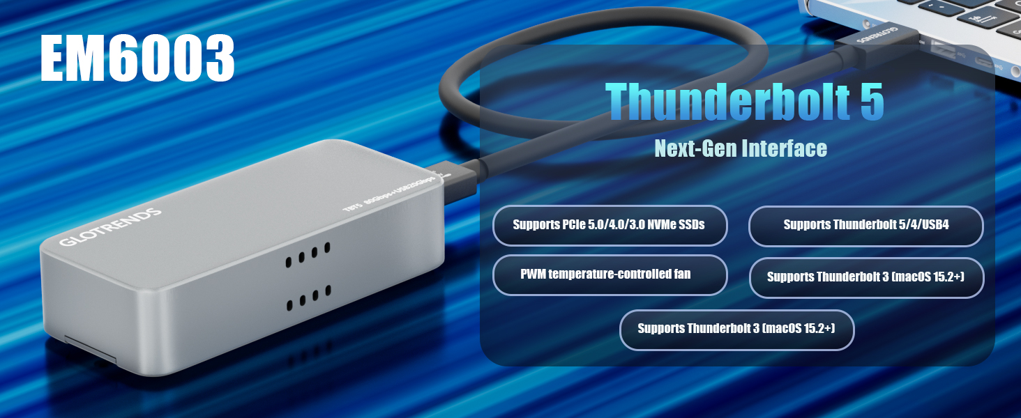 Text reads 'EM6003' and 'Thunderbolt 5 Next-Gen Interface'. Product image showing silver-colored technology interface device with technical specifications displayed on blue background.