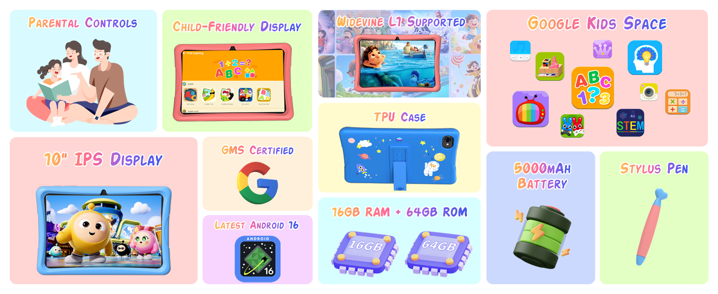 Colorful grid display of children's electronic learning devices and toys including tablets, printers, game devices, and educational gadgets with bright packaging and product imagery arranged in organized rows.