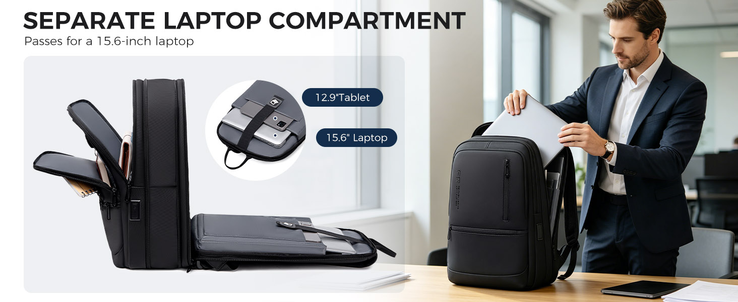 Text reads 'SEPARATE LAPTOP COMPARTMENT'. Man in business attire opening black luggage with laptop visible, demonstrating dedicated compartment feature.