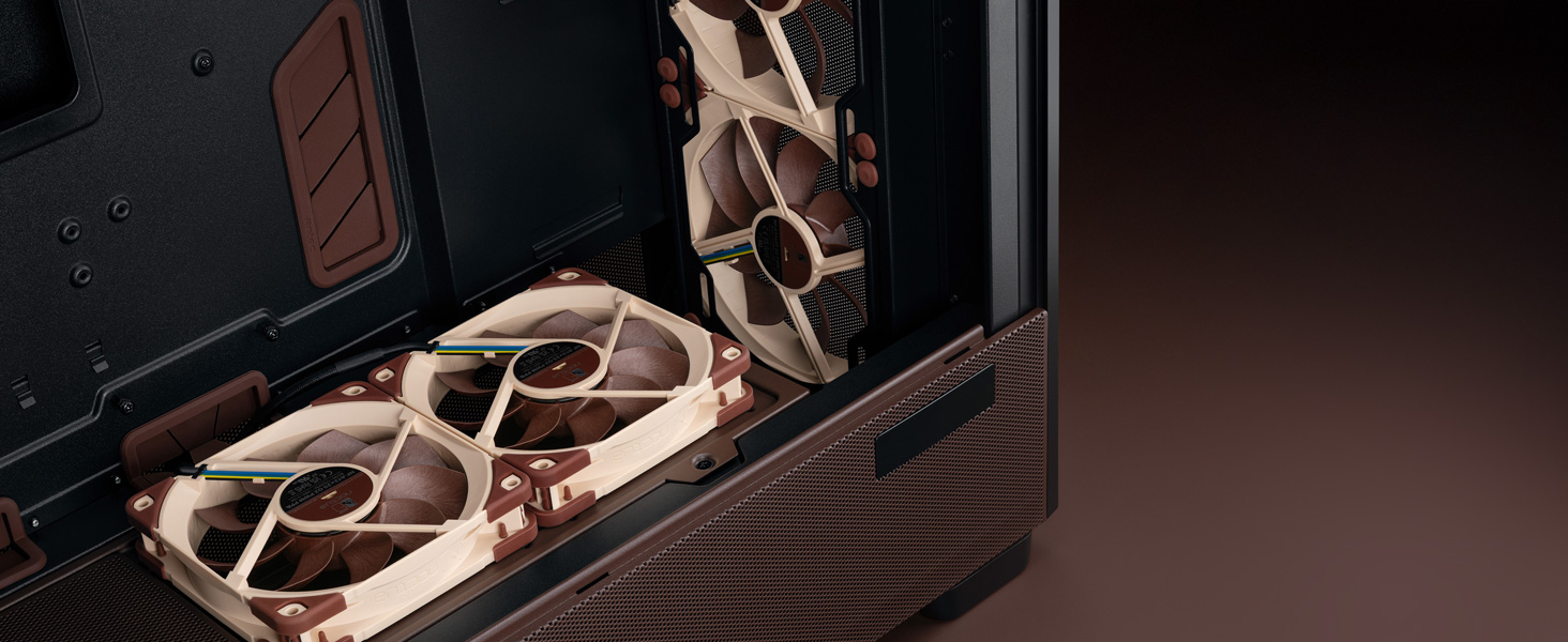 High-performance computer cooling fans with beige/cream colored housing and black accent details, shown in multiple angles against dark background.