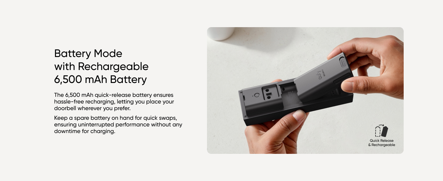 Handheld device with rechargeable 5,500 mAh battery. Text indicates 'Battery Mode with Rechargeable Battery'. Person's hand holding the black device.