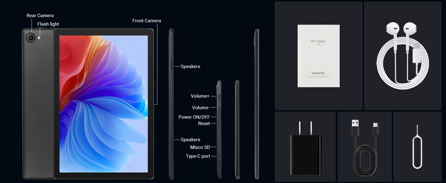 Product unboxing layout showing tablet with colorful gradient display, black accessories including cables, earbuds with white accents, white notepad, and various small connectors and adapters on dark background.