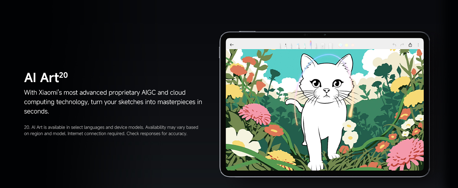 Text reads 'AI Art™'. Shows tablet display featuring digital illustration of white cat walking among colorful flowers and plants against turquoise background.