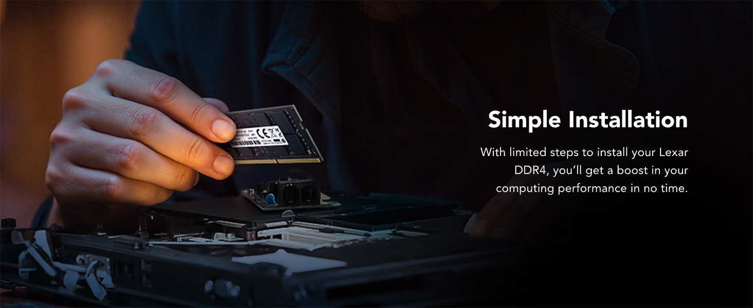 Text reads 'Simple Installation' with installation instruction text below. Close-up shows hands applying black electronic device, demonstrating easy setup process for the compact product.