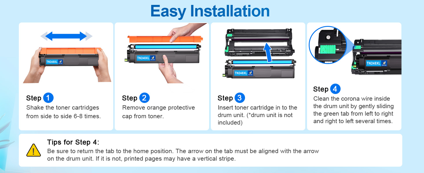Text reads 'Easy Installation' with numbered steps 1-4 showing installation process using hands and device components. Warning icon with 'Tips for Step 4' advisory text included.