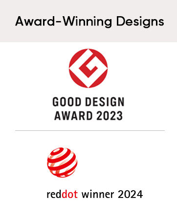 Text reads 'Award-Winning Designs', 'GOOD DESIGN AWARD 2023', 'reddot winner 2024'. Design award logos and certifications displayed.
