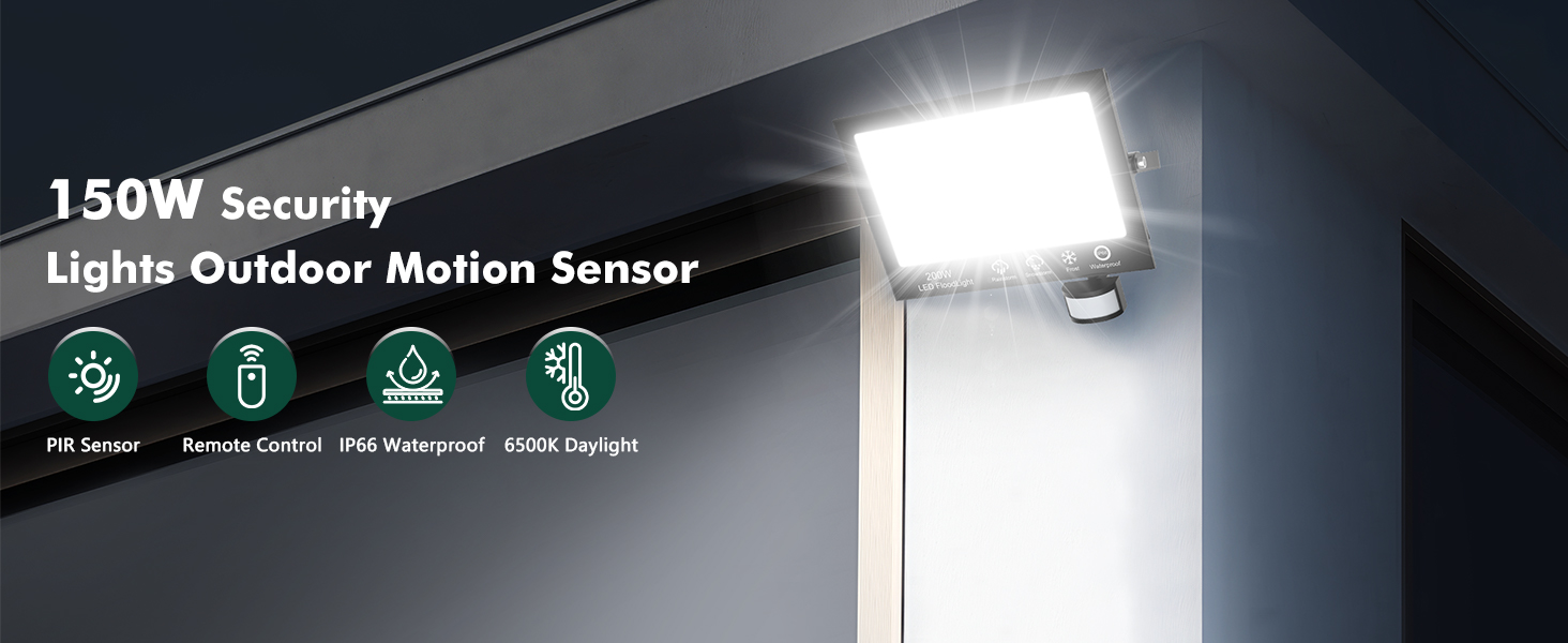 150W outdoor security light with motion sensor mounted on wall, displaying bright white illumination and feature icons below showing sensor capabilities.