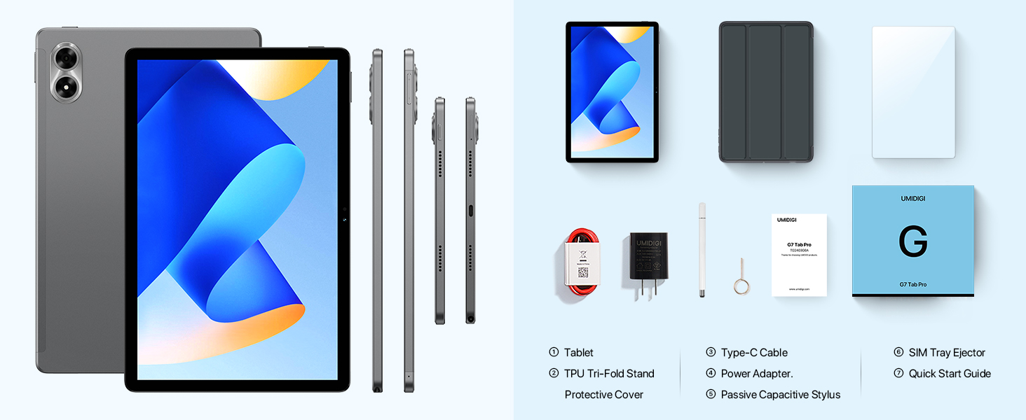 Tablet device with blue geometric display, shown with accessories including stylus, protective case, charger, and retail packaging components.