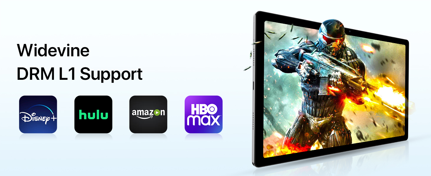 Tablet device displaying action game scene. Text indicates Widevine DRM L1 Support. Logos of streaming services Disney+, Hulu, Amazon, and HBO Max shown below.