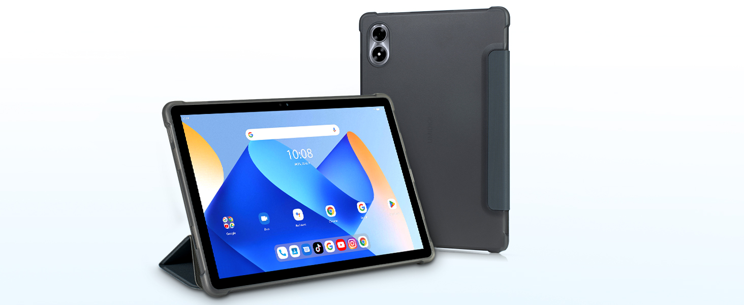 Tablet with blue interface displayed, shown with dark gray protective case that doubles as a stand.