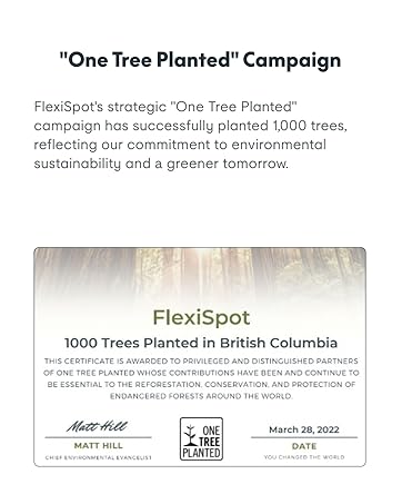 Text reads: 'One Tree Planted Campaign' and 'FlexiSpot's strategic One Tree Planted campaign has successfully planted 1000 trees, representing a commitment to environmental sustainability and a greener tomorrow.' Certificate showing participation in tree planting initiative.