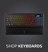 Text reads 'SHOP MICE'. Black ergonomic gaming mouse with contoured shape displayed against dark gray background, shown from side angle with subtle lighting.