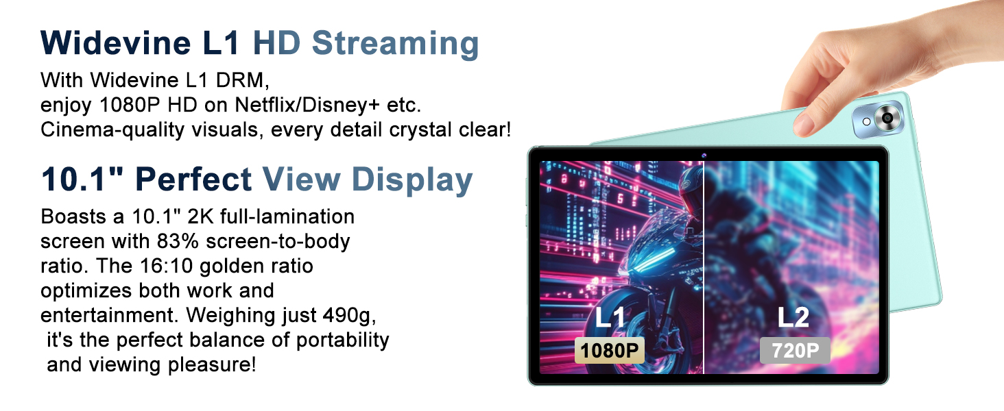 Tablet device with 10.1-inch display, showcasing HD streaming capabilities. Features 83% screen-to-body ratio, 16:10 aspect ratio, and weighs 490g. Hand demonstrating touch interaction on screen.