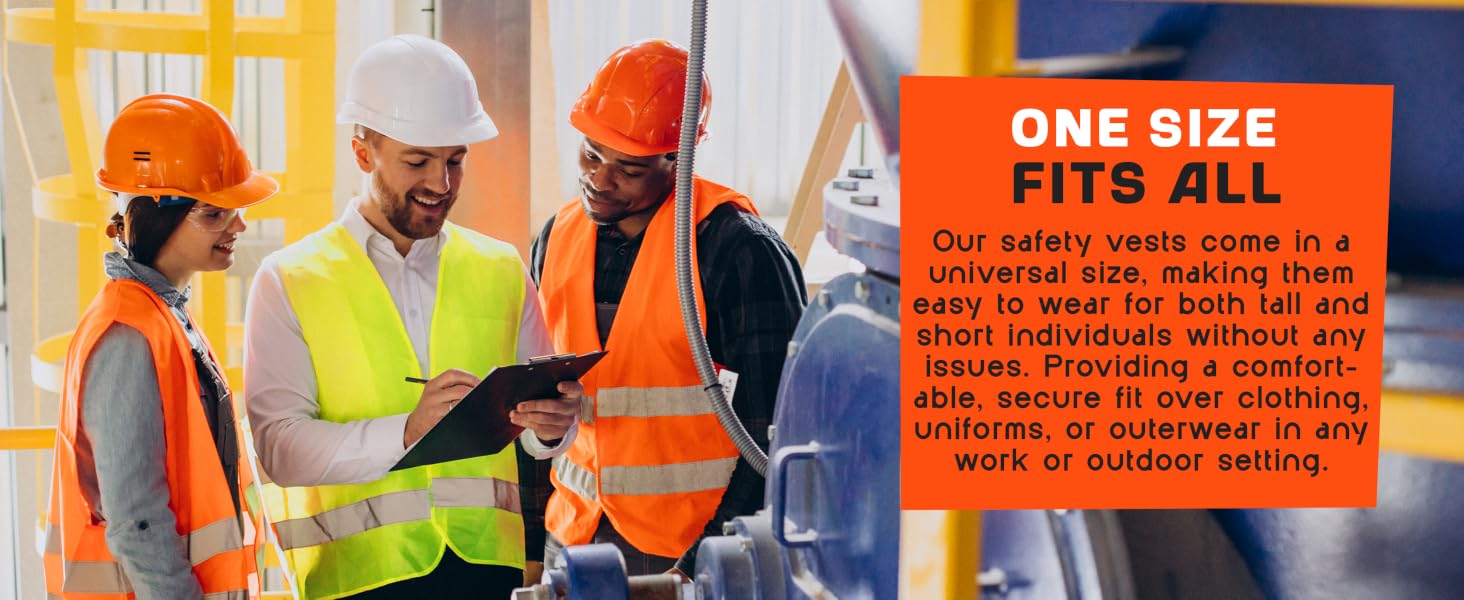 Text reads 'ONE SIZE FITS ALL'. Group of workers in construction safety gear including high-visibility vests and hard hats reviewing documents together.