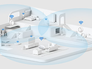 Three-panel illustration showing white electronic or technological components arranged in an isometric view against light blue background.