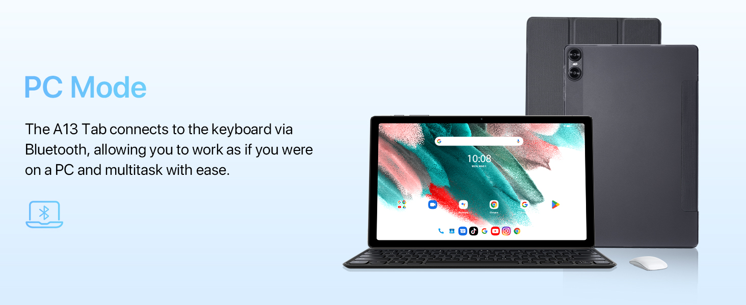 Tablet device in PC Mode, connected to keyboard via Bluetooth. Shows device propped up next to keyboard, displaying colorful abstract design on screen.