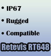 Product specification listing showing IP67 rating, High Power, Bluetooth features, and Retevis RT29D model name on blue background.