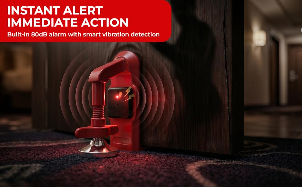 Text reads 'INSTANT DOOR SECURITY' with tagline about portable door lock with alarm. Bedroom scene shows woman in bed at night; four safety icons displayed at bottom.