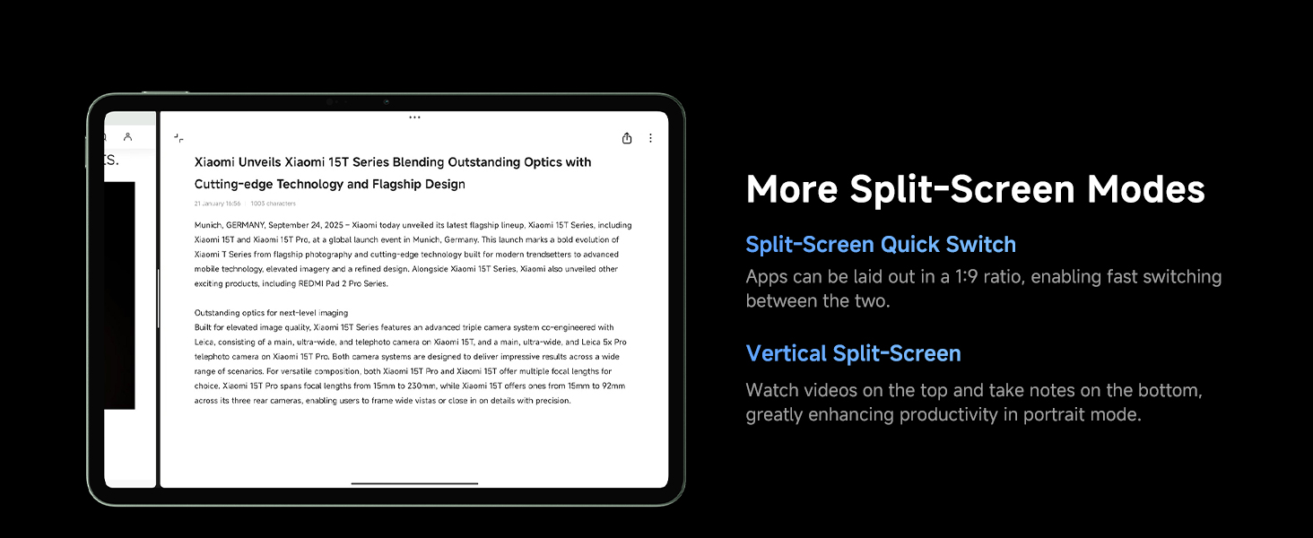 Text reads 'More Split-Screen Modes' and 'NSR Screen split screen'. Technical interface or menu showing split screen configuration options with dark background.