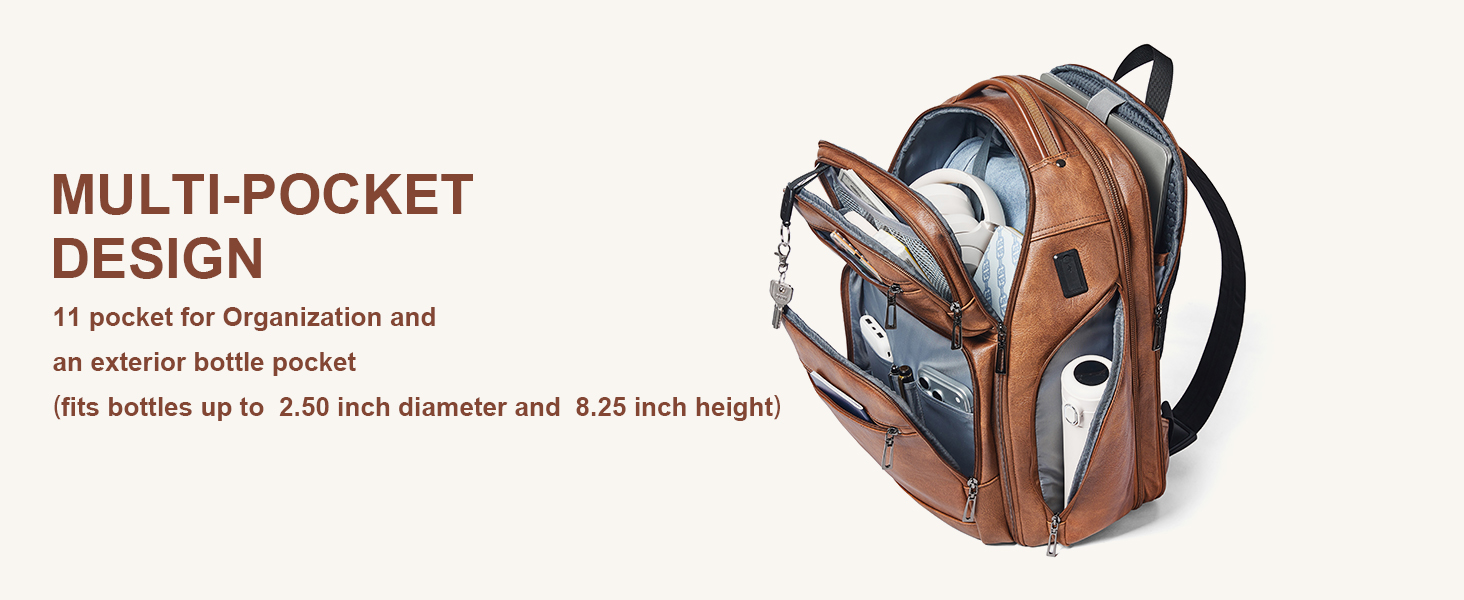 Text reads 'MULTI-POCKET DESIGN'. Brown leather bag shown with multiple compartments and pockets visible. Product specifications indicate size measurements of 5.25 inch diameter and 8.25 inch height.
