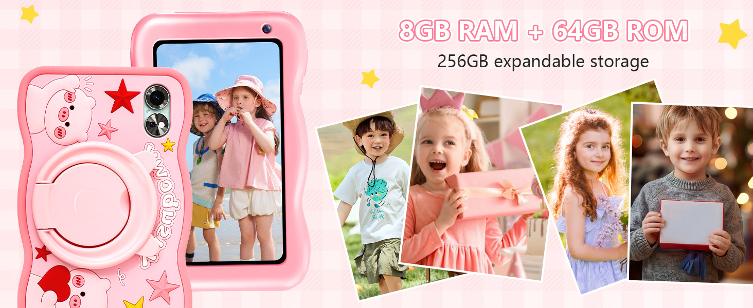 Text reads '8GB RAM + 64GB ROM'. Pink digital device interface showing photo gallery layout with multiple thumbnail images and decorative star elements.