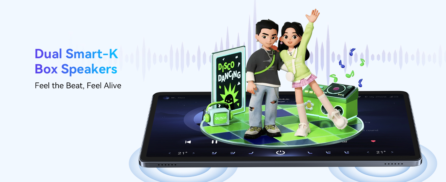 Text reads 'Dual Smart-K' and 'Box Speakers'. Product demonstration showing a smartphone device with green animated graphics displaying audio functionality features.