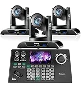 Dual PTZ camera system with control console featuring LCD screen, illuminated buttons, and control dial. Display shows purple stage lighting effects.