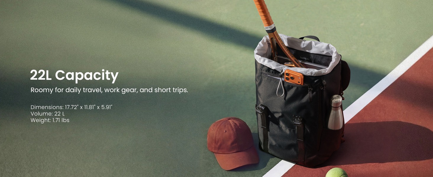 Text reads '22L Capacity'. Black drawstring backpack or storage container shown closed and open, displaying internal capacity and rope closure system. Practical sports or outdoor carrying solution.