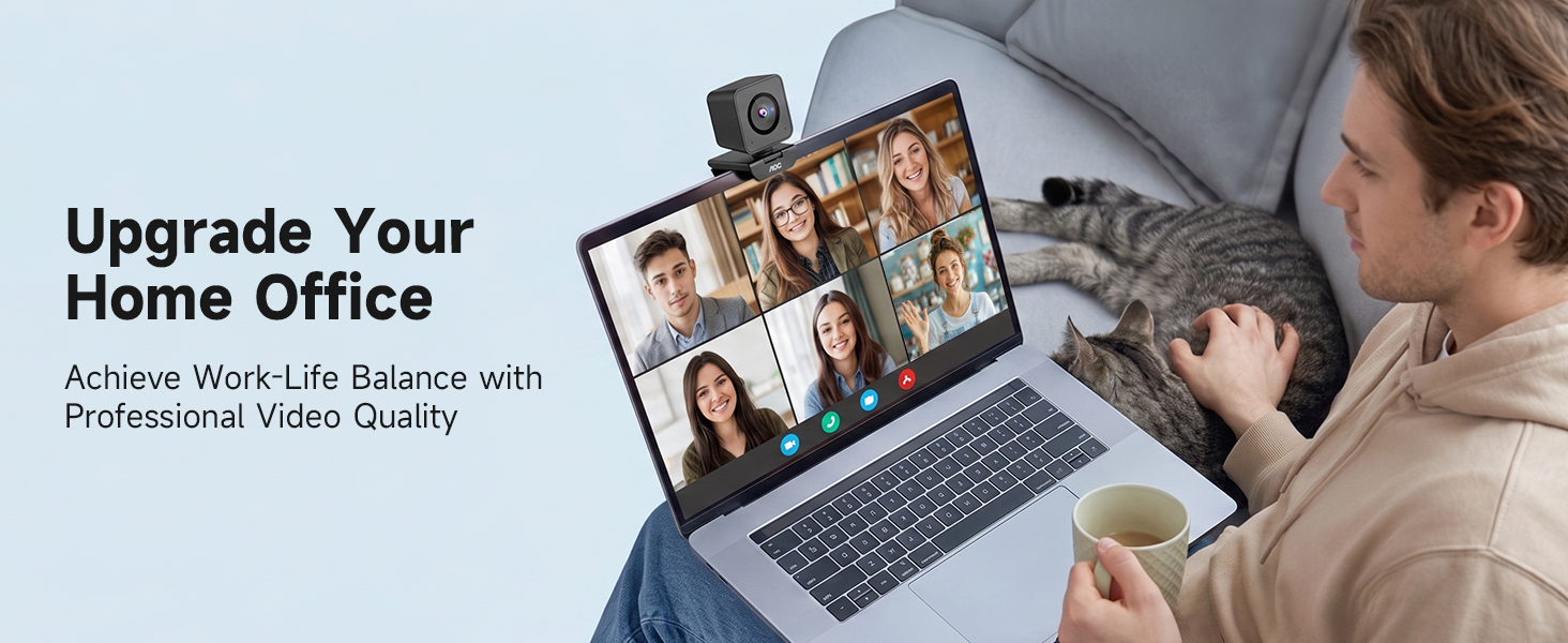 Text reads 'Upgrade Your Home Office' and 'Achieve Work-Life Balance with Professional Video Quality'. Person using tablet device for video conferencing in home office setting.