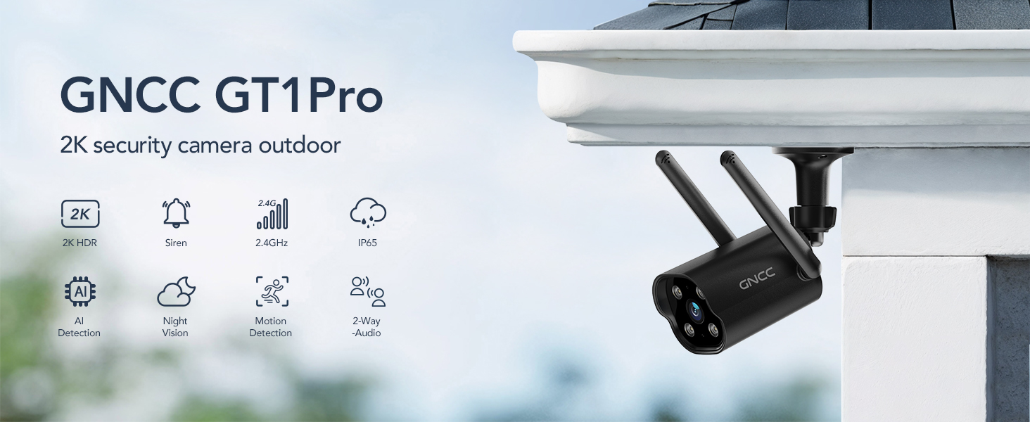 Outdoor security camera with three antennas. Product name GNCC GT1Pro visible. Features include 2K resolution and cloud storage capability.