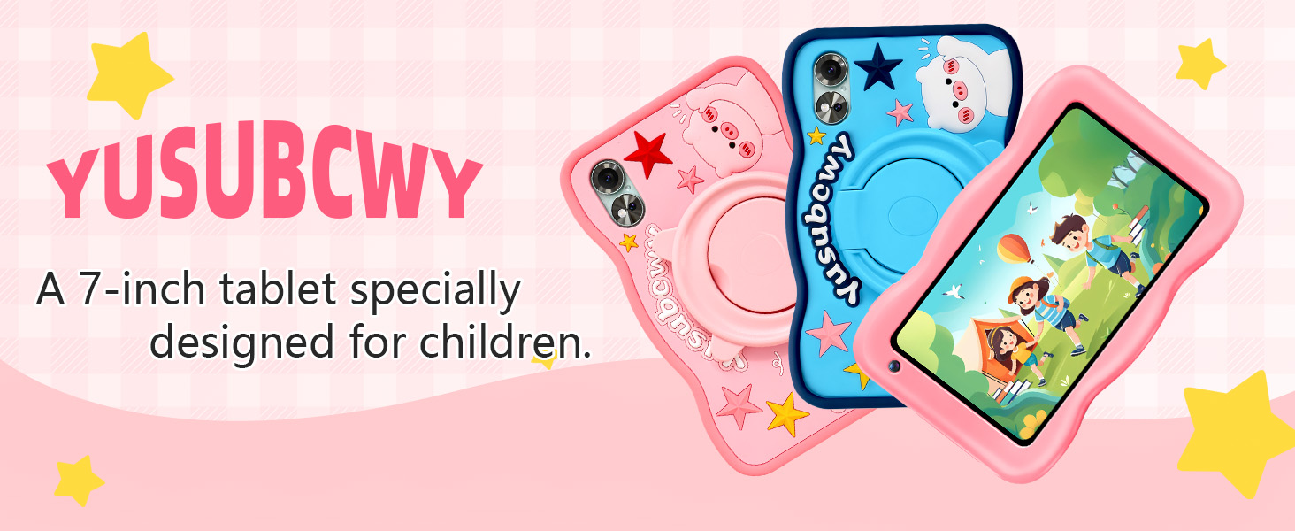Text reads 'YOURCAT' and 'A 7-inch tablet specially designed for children.' Banner shows colorful tablet devices with cartoon characters and star decorations in pink background.