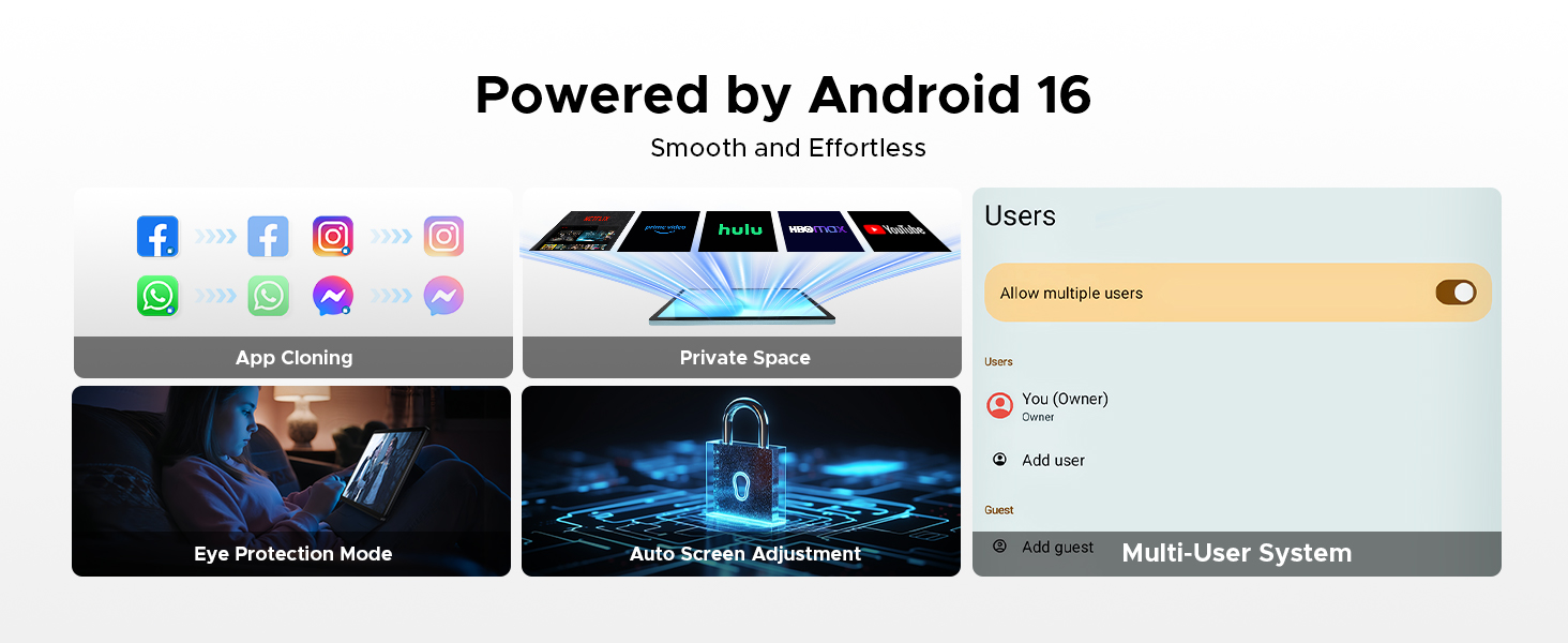 Text reads 'Powered by Android 16'. Collection of interface screens showing mobile app design with dark theme and navigation elements.