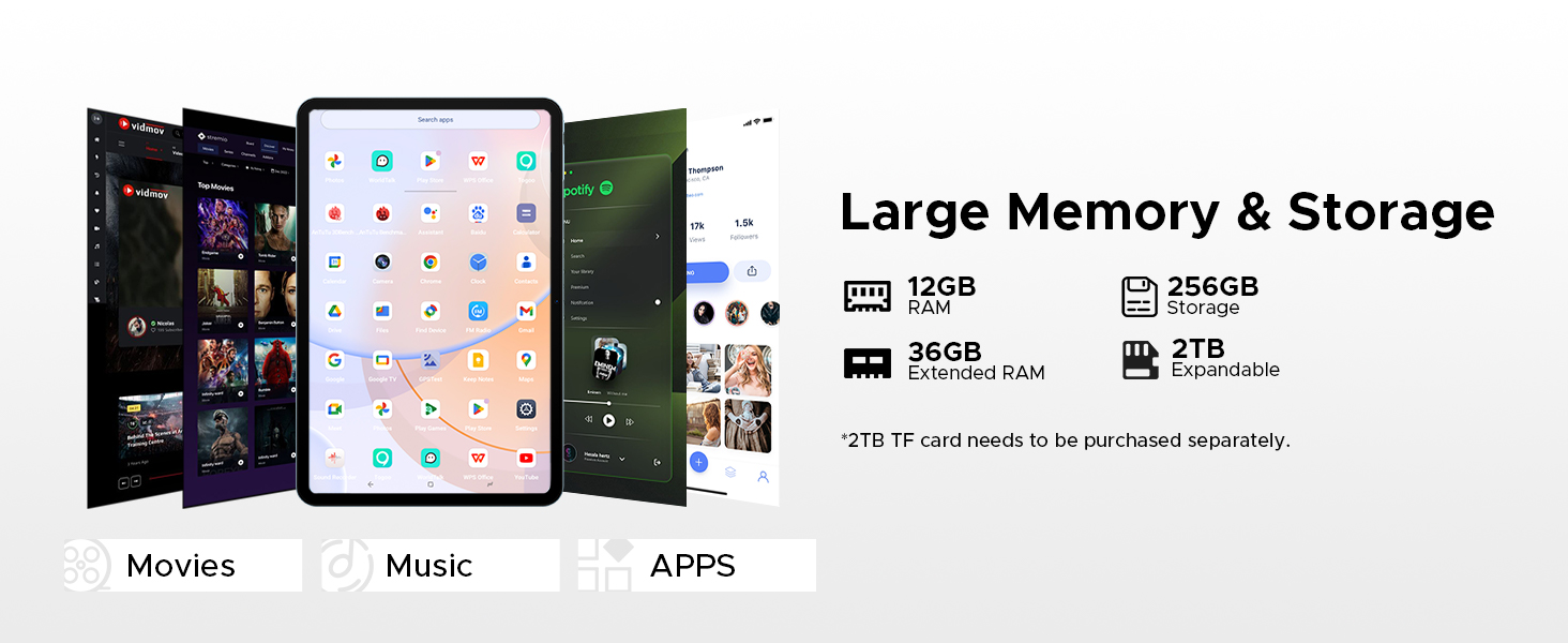 Text reads 'Large Memory & Storage'. Interface mockup showing three panels with icons and storage information displayed in a dark mode setting.