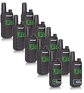 Six black Terkado two-way radios with green digital displays, showing features like IP67 waterproof rating and Bluetooth programming. Devices are arranged in two rows with charging bases.