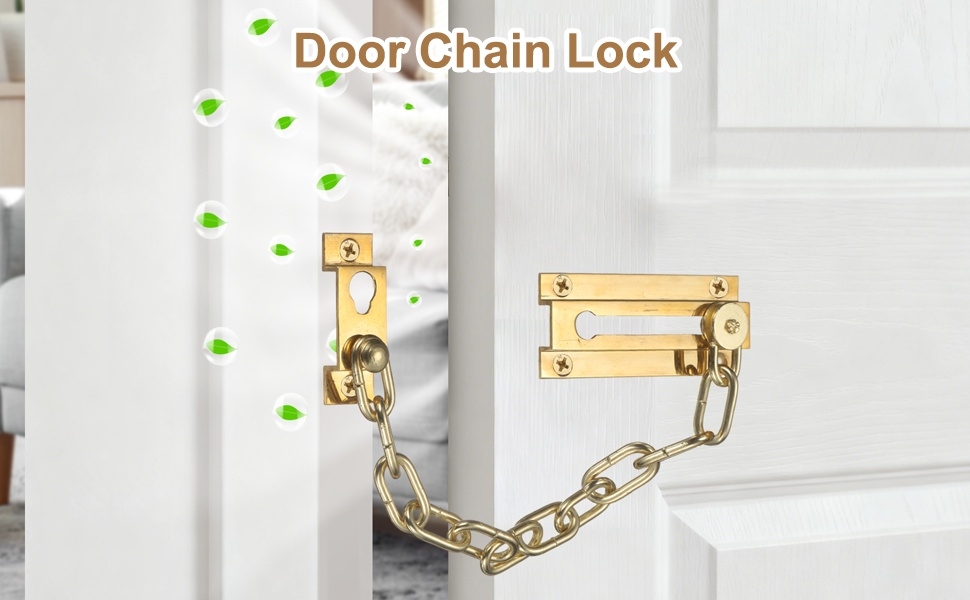 Text reads 'Door Chain Lock' and 'Image 7'. Installation sequence of brass-colored door chain lock mechanism being mounted on white door frame.