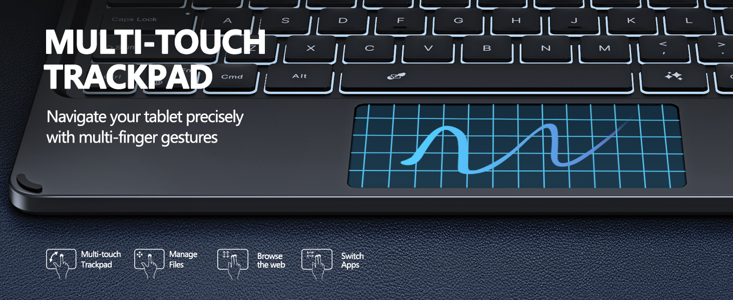 Text reads 'MULTI-TOUCH TRACKPAD' and 'Navigate your tablet precisely with multi finger gestures'. Illuminated blue keyboard or trackpad interface with gesture indicators.