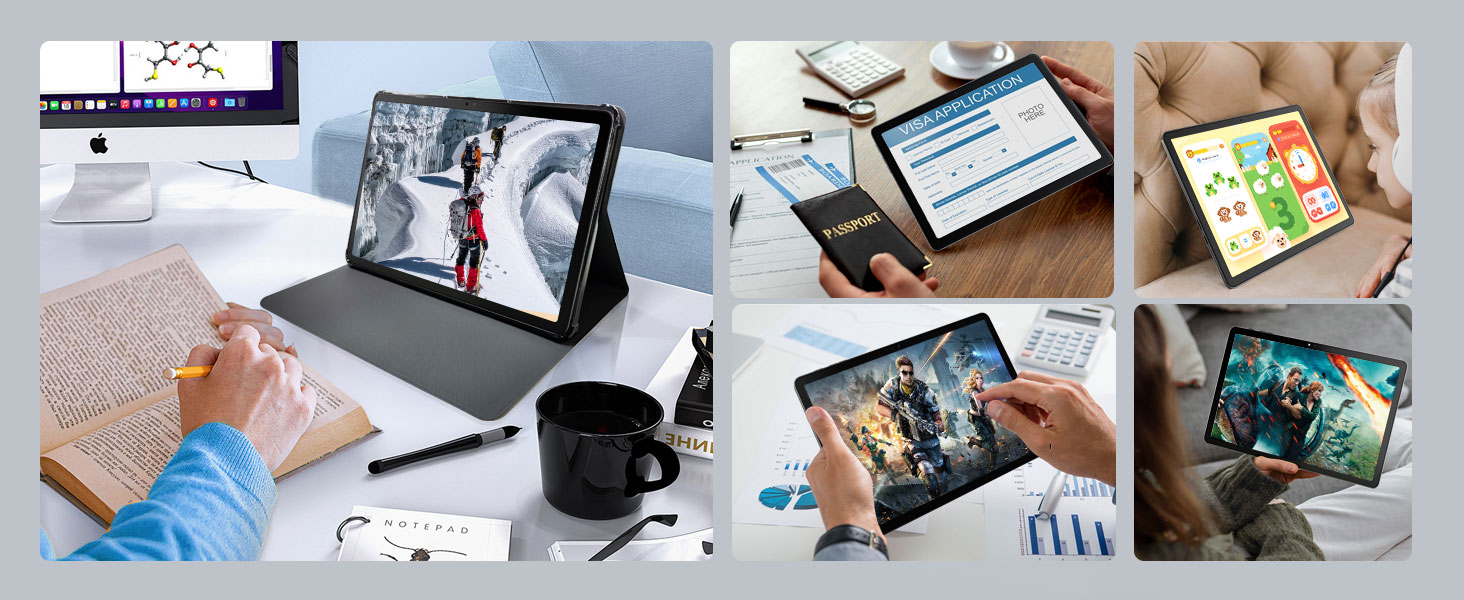 Collage of four images showing various digital devices and workspace setups with screens displaying video calls or online meetings.