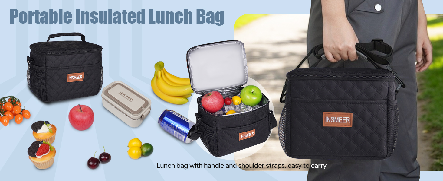 Text reads 'Portable Insulated Lunch Bag'. Black insulated lunch container with multiple compartments, displayed with food items: banana, tomato, lettuce, and various containers.
