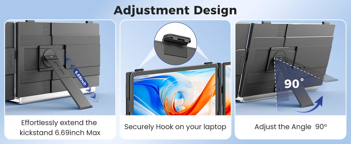 Text reads 'Adjustment Design' with three panels showing: 'Enthusiastically extend the welcomed friction tabs' (left), 'Securely hook on your laptop' (center), 'Adjust the Angle 90°' (right). Demonstrates laptop stand positioning features.