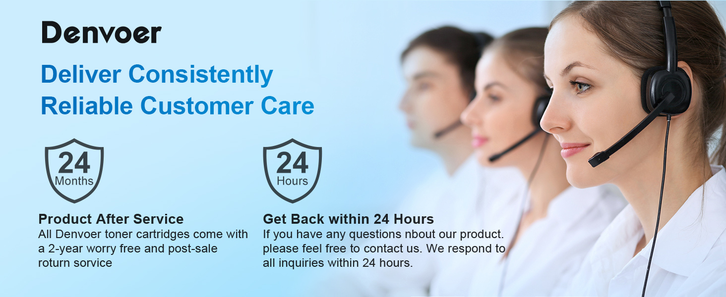 Text reads 'Denvoer', 'Deliver Consistently', 'Reliable Customer Care', '24/7', 'Professional', and 'call us online 24 hours'. Customer service representatives wearing headsets with service badges displayed.