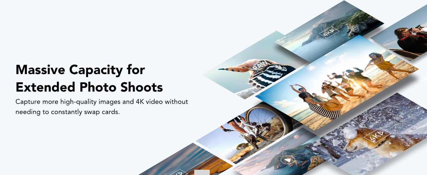 Text reads 'Massive Capacity for Extended Photo Shoots' with additional smaller text below. Overhead flat lay of camera equipment, photographs, and storage solutions on white background.