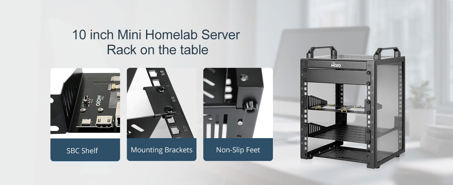 Text reads '10 inch Mini Homemade Server Rack on the table'. Black metal server rack cabinet with multiple compartments, shelving, and cable management displayed from multiple angles.