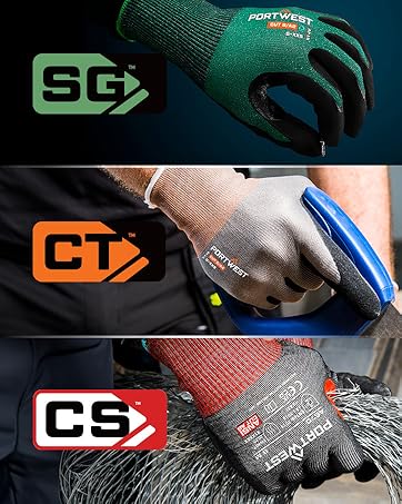 Composite image showing three types of work gloves: green grip gloves, gray cut-resistant gloves, and red safety gloves. Each glove type is labeled with a different abbreviation: SG, CT, and CS.