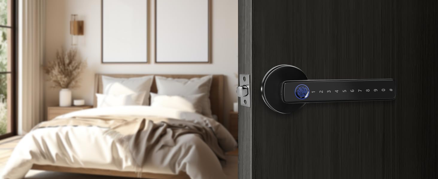 Modern black door handle with digital keypad interface and blue LED indicator, shown on dark door with bedroom interior visible.