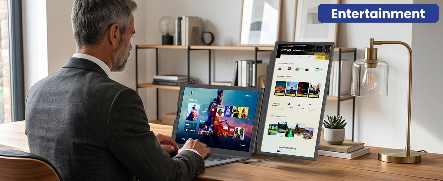 Text reads 'Entertainment' (blue label, top right). Man in plaid shirt seated at desk viewing laptop and tablet displaying streaming content and photos.