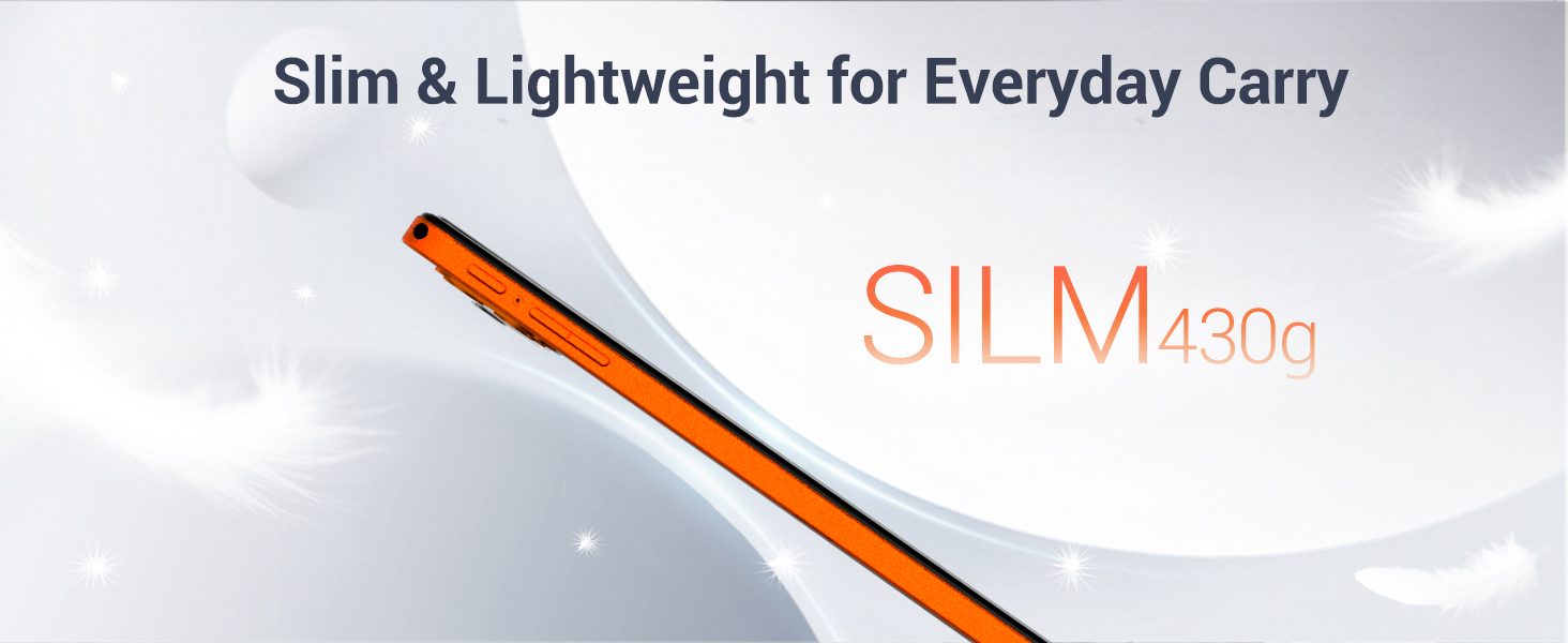Text reads: 'Slim & Lightweight for Everyday Carry' and 'SILM 4300'. Marketing image showing slim design element with orange accent line