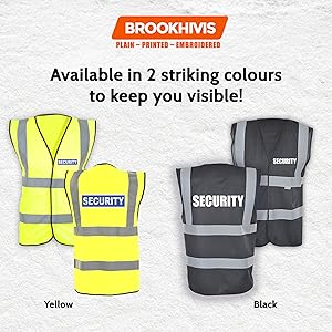 Brookhivis high-visibility security workwear. Display of vests and jackets in yellow and orange with reflective stripes. Text advertises range of security clothing.